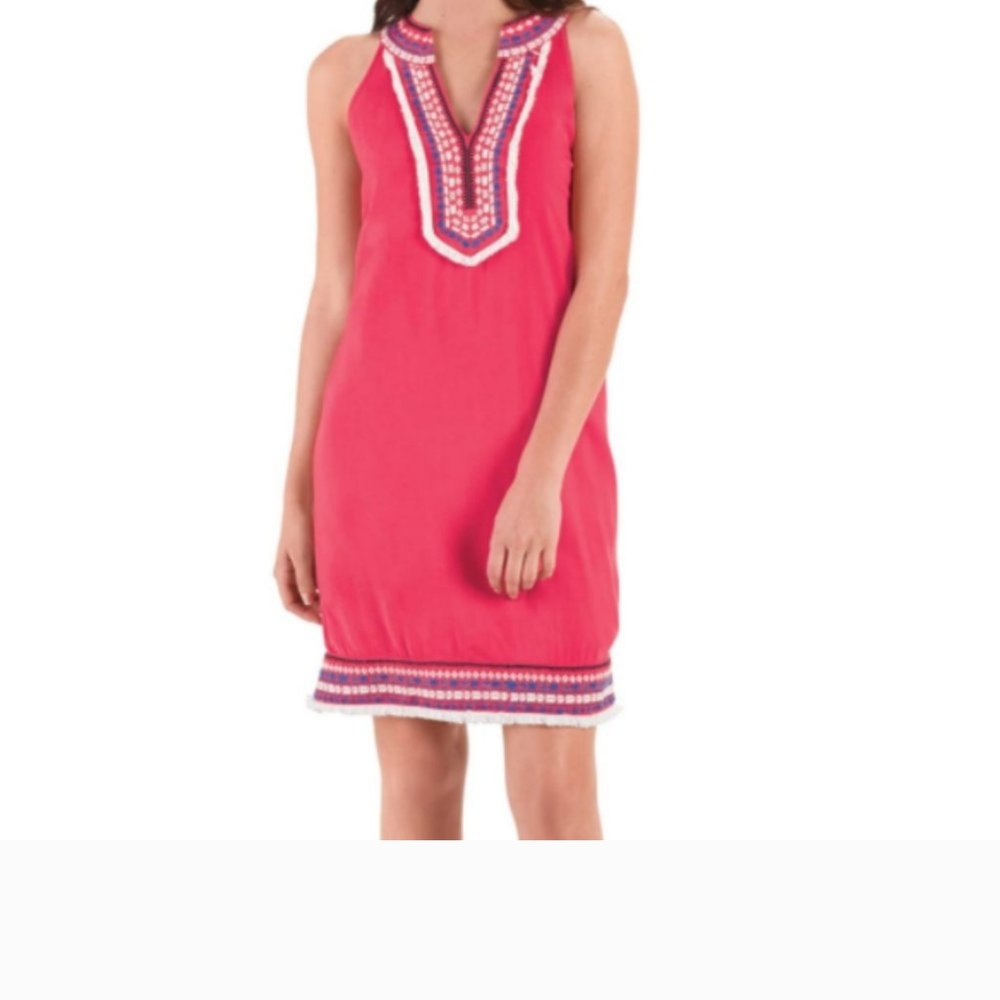 Pink Sleeveless Boho Dress with Embroidered Neckline
